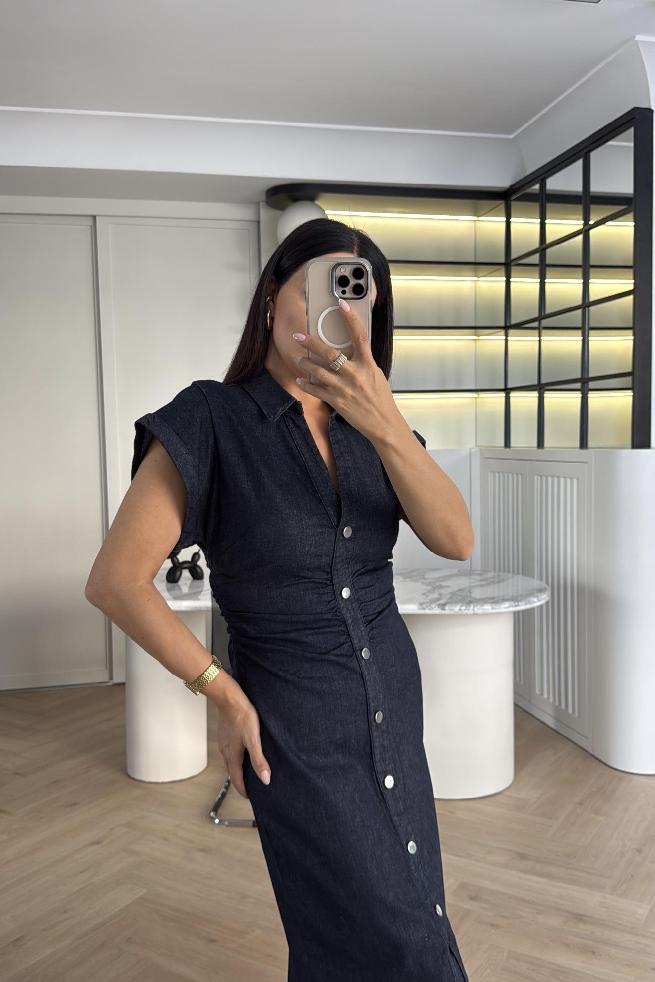 ZR MODEL BELİ BÜZGÜLÜ DENİM ELBİSE