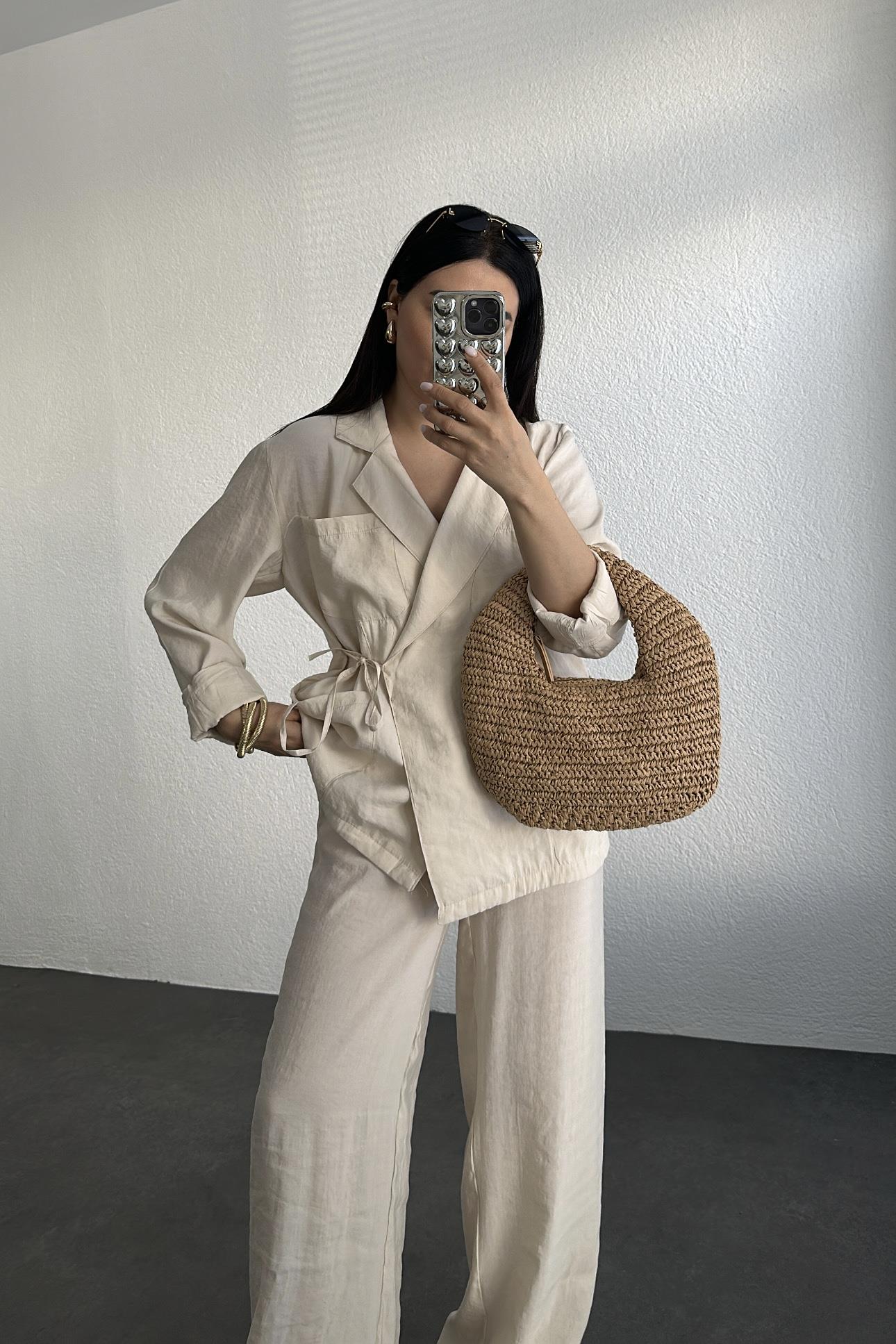 Zr Model Ekru Bağlamalı Ceket Pantolon Takım