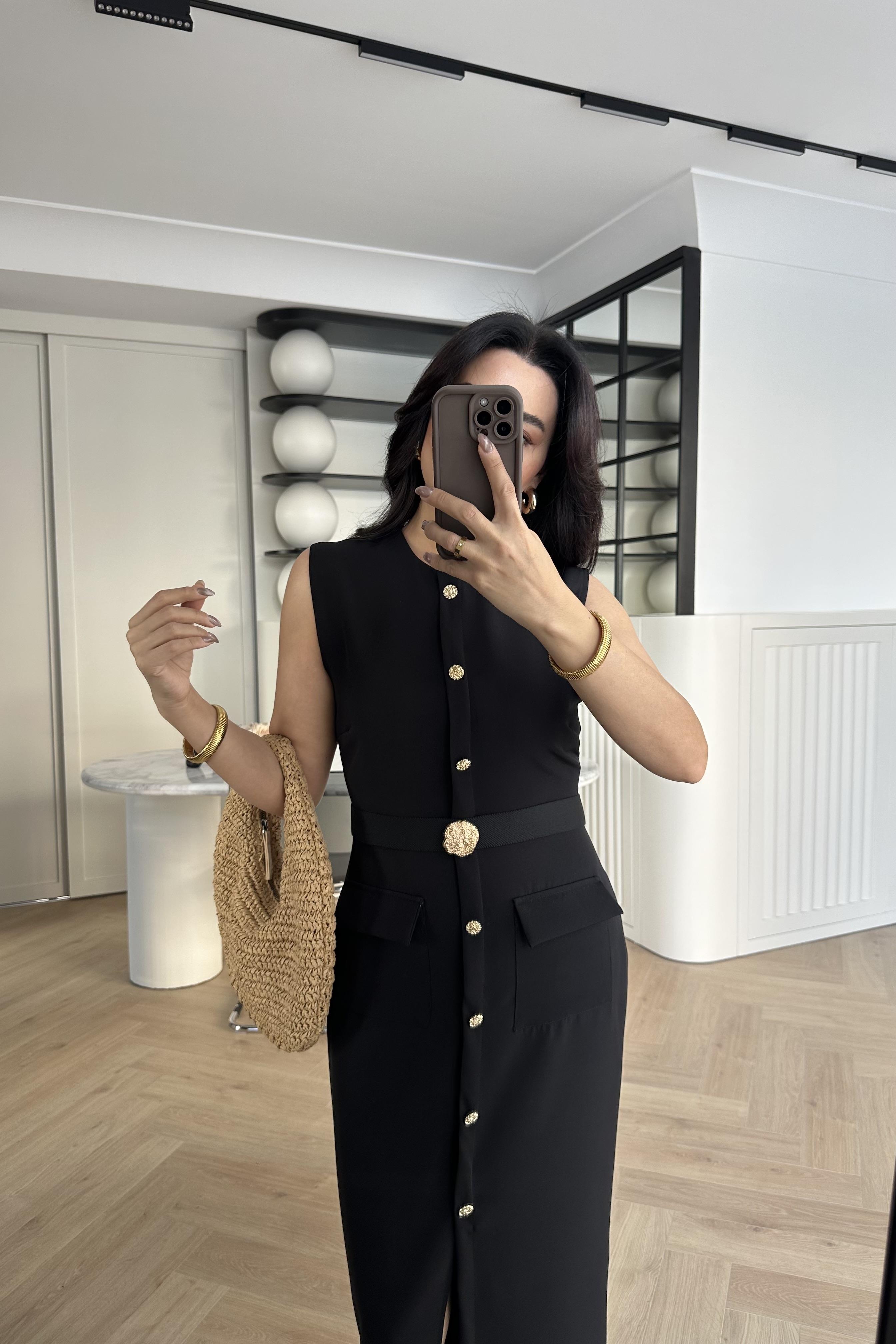 Zr Model Gold Düğmeli Kemerli Elbise