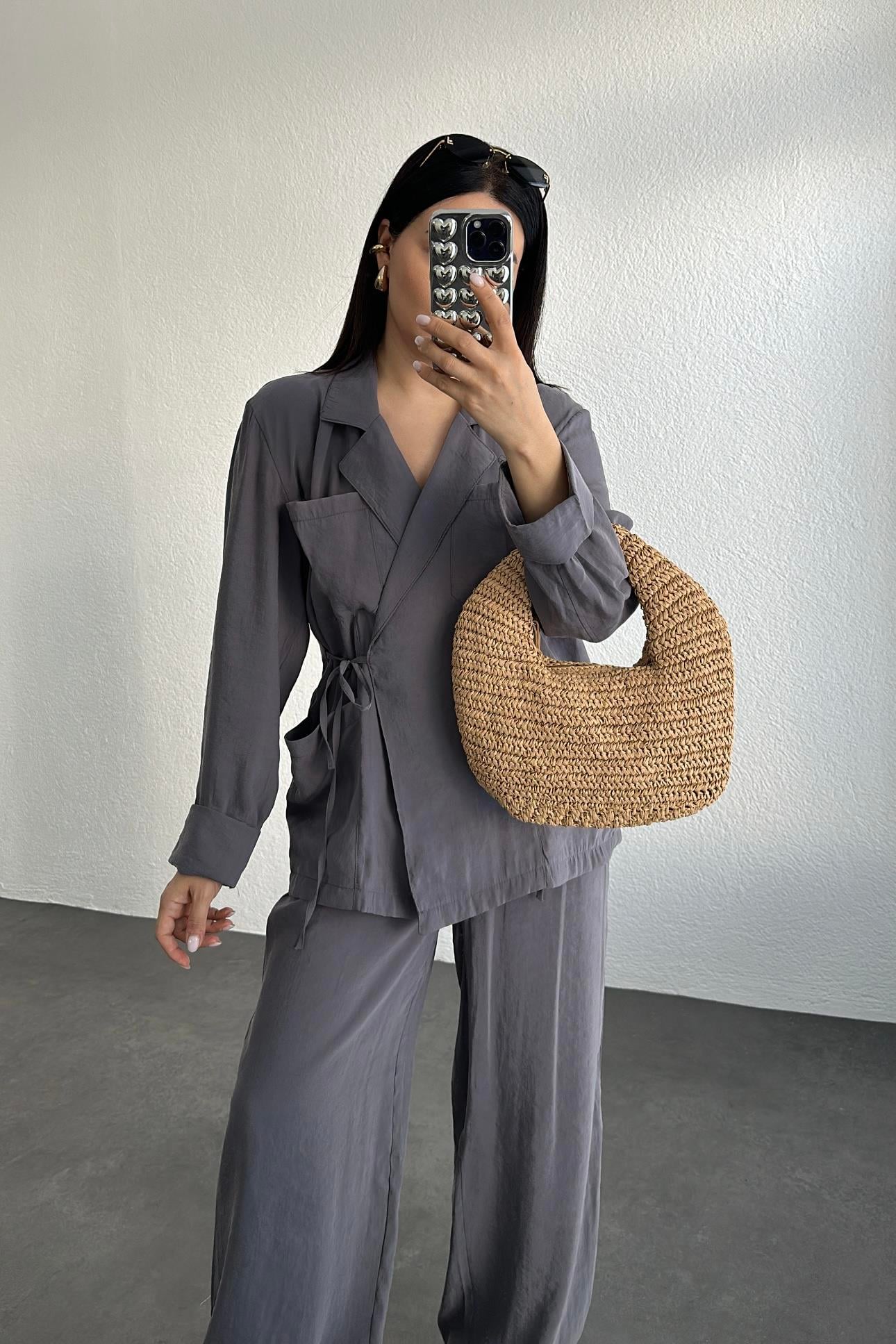 Zr Model Gri Bağlamalı Ceket Pantolon Takım 