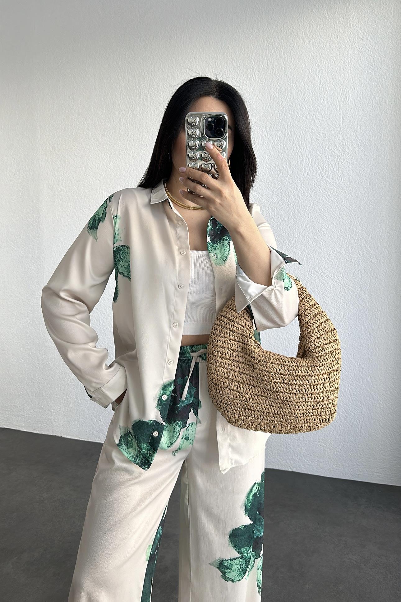 Zr Model Yeşil Çiçekli Gömlek Pantolon TakıGömlekm