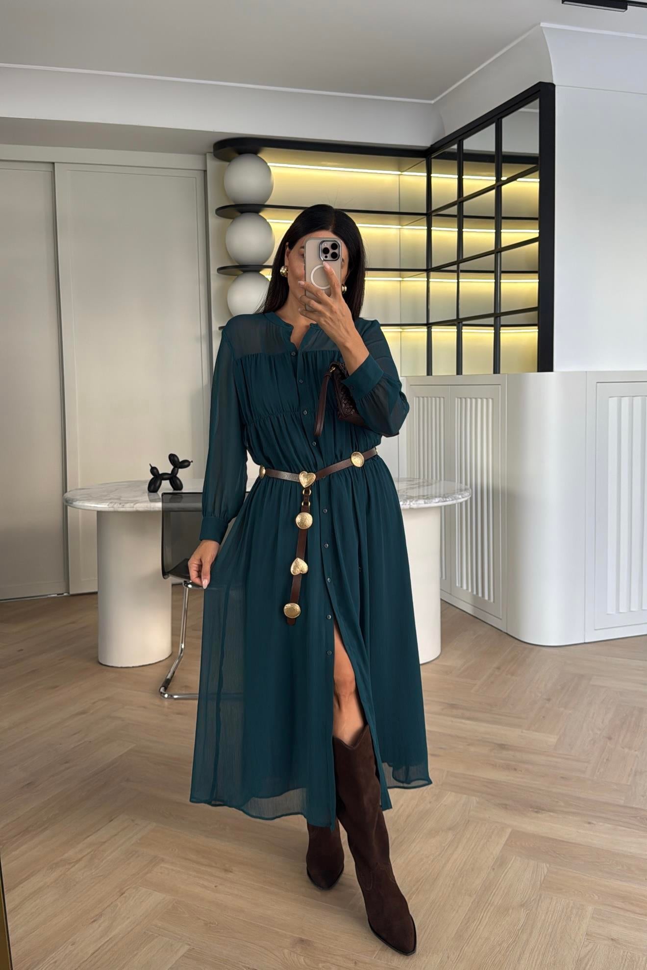 ZÜMRÜT TÜL DÜĞMELİ ASTARLI ELBİSE