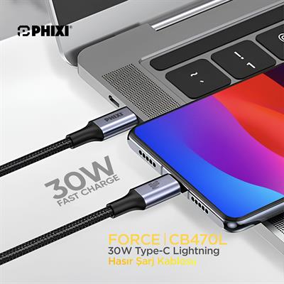 Force Serisi CB470L Type-C to Lightning Hasır Siyah Kablo – 1 Metre, 30W Metal Uçlu