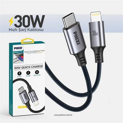 Force Serisi CB470L Type-C to Lightning Hasır Siyah Kablo – 1 Metre, 30W Metal Uçlu