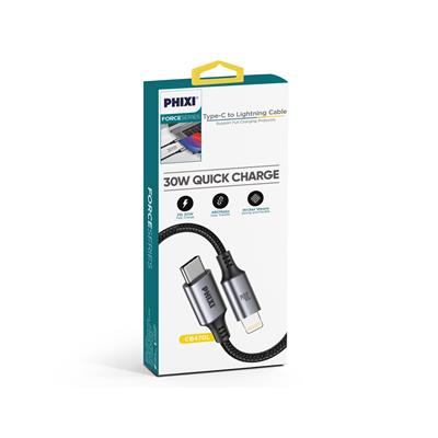 Force Serisi CB470L Type-C to Lightning Hasır Siyah Kablo – 1 Metre, 30W Metal Uçlu