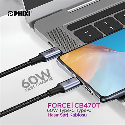 Force Serisi CB470T Type-C to Type-C Hasır Siyah Kablo – 1 Metre, 60W Metal Uçlu