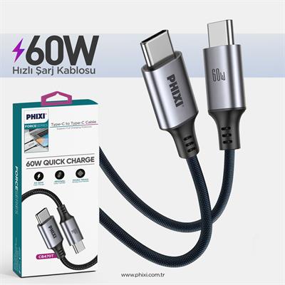 Force Serisi CB470T Type-C to Type-C Hasır Siyah Kablo – 1 Metre, 60W Metal Uçlu