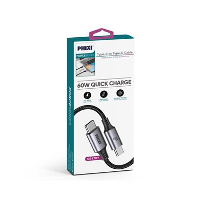 Force Serisi CB470T Type-C to Type-C Hasır Siyah Kablo – 1 Metre, 60W Metal Uçlu