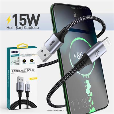Force Serisi CB471L USB-A to Lightning Hasır Siyah Kablo – 1 Metre, 15W Metal Uçlu 