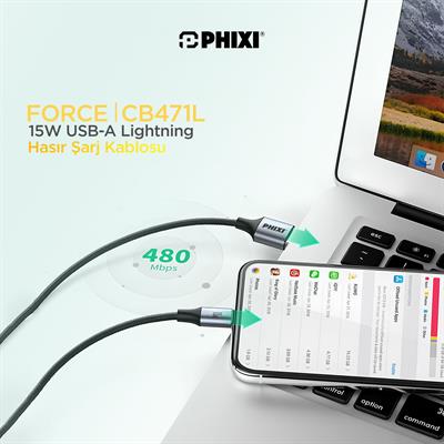 Force Serisi CB471L USB-A to Lightning Hasır Siyah Kablo – 1 Metre, 15W Metal Uçlu 