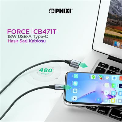 Force Serisi CB471T USB-A to Type-C Hasır Siyah Kablo – 1 Metre, 18W Metal Uçlu