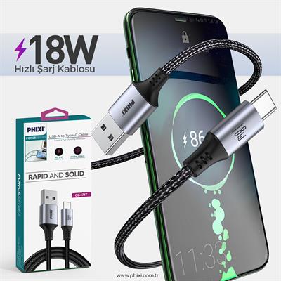 Force Serisi CB471T USB-A to Type-C Hasır Siyah Kablo – 1 Metre, 18W Metal Uçlu