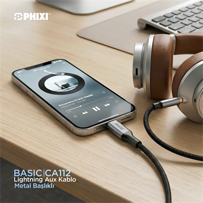 Phixi Basic CA112 Metal Başlıklı 100cm Lightning to Silikon Aux Kablo