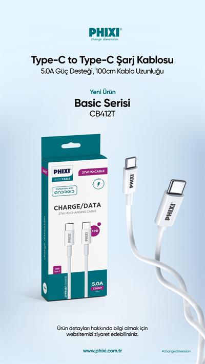 Phixi Basic CB412T Type-C to Type-C USB Şarj Kablosu