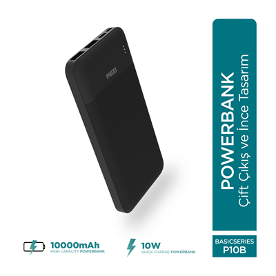 Phixi Basic P10 10000mAh Powerbank 10W - 2 Port LED Gösterge - Taşınabilir Şarj Cihazı