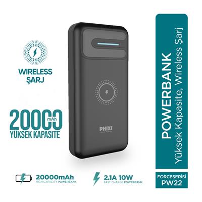 Phixi Basic PW22 20000mAh 10W Kablosuz Şarj Cihazı - Wireless Powerbank - 2 USB Port - LED Gösterge - Taşınabilir Şarj Cihazı