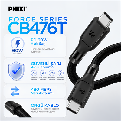 PHIXI Force CB476T 60W Type-C to Type-C Hızlı Şarj ve 480Mbps Data Kablosu Siyah Örgülü