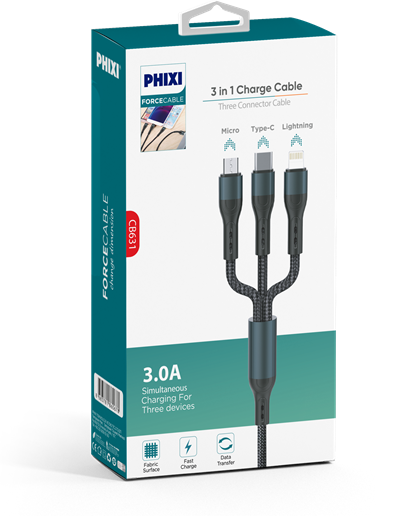 Phixi Force CB631 Örgülü ve Güçlendirilmiş 100 Cm Çoklu Şarj ve Data Kablosu