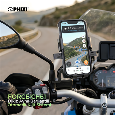 Phixi Force CH61 Dikiz Ayna Baglantili Otomatik Motosiklet ve Bisiklet Telefon Tutucu
