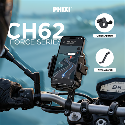 PHIXI Force CH62 Anti-Vibrasyonlu Motosiklet Telefon Tutucu 360° Döner Dikiz Ayna Bağlantılı Stand