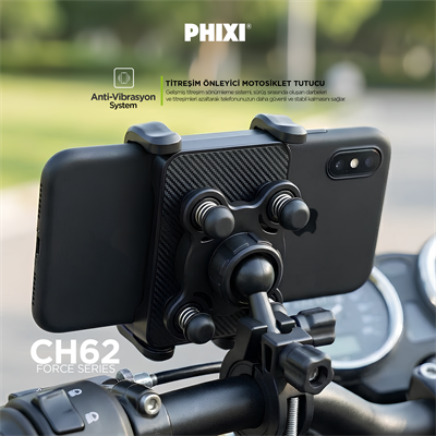 PHIXI Force CH62 Anti-Vibrasyonlu Motosiklet Telefon Tutucu 360° Döner Dikiz Ayna Bağlantılı Stand