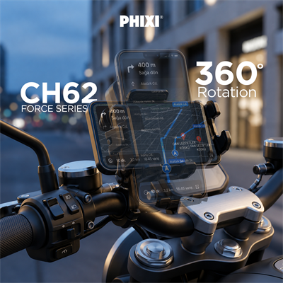 PHIXI Force CH62 Anti-Vibrasyonlu Motosiklet Telefon Tutucu 360° Döner Dikiz Ayna Bağlantılı Stand