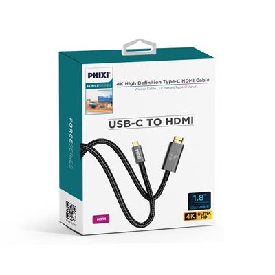 Phixi Force HD14 Type-C-to-HDMI 4K Video Transmission Cable, 1.8m, Braided
