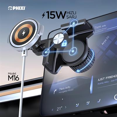 Phixi Force M16 15W Hızlı Şarj Kablosuz Araç Şarj Cihazı Tutucu, Manyetik Katlanabilir Telefon Tutucu