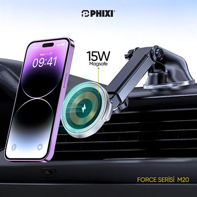 Phixi Force M20 15W Hızlı Şarj Kablosuz Araç Şarj Cihazı Tutucu, Manyetik Katlanabilir Telefon Tutucu