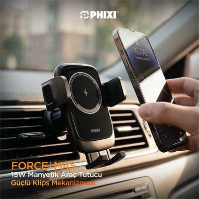 PHIXI Force M45 15W Kablosuz Şarjlı Araç Telefon Tutucu – Otomatik Klipsli Wireless Araç Standı