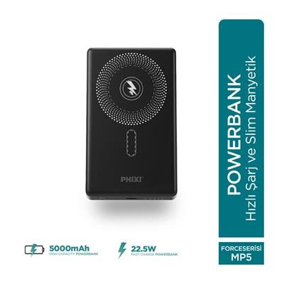PHIXI Force MP5 MagSafe Powerbank 5000mAh – 22.5W Hızlı Şarj Slim Manyetik Taşınabilir Şarj Cihazı