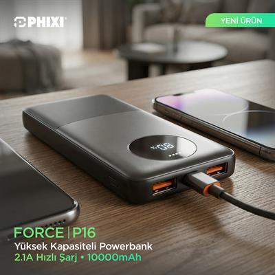 PHIXI Force P16 10000mAh Powerbank – 2.1A Hızlı Şarj Dual USB Taşınabilir Şarj Cihazı