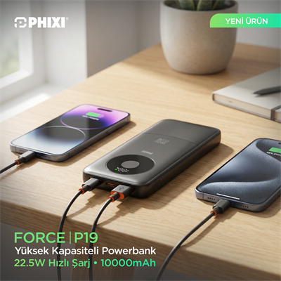 PHIXI Force P19 10000mAh Powerbank – 22.5W Hızlı Şarj Dual USB Taşınabilir Şarj Cihazı