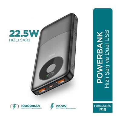 PHIXI Force P19 10000mAh Powerbank – 22.5W Hızlı Şarj Dual USB Taşınabilir Şarj Cihazı