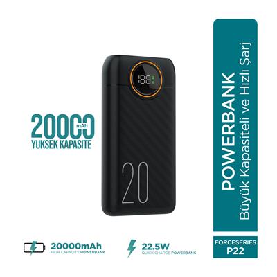 Phixi Force P22 20000mAh 22.5W Hızlı Şarj Cihazı  - Fast Powerbank  - Dijital Ekran - Taşınabilir Şarj Cihazı