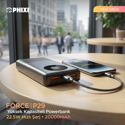 PHIXI Force P29 20000mAh Powerbank – 22.5W Hızlı Şarj Dual USB Taşınabilir Şarj Cihazı