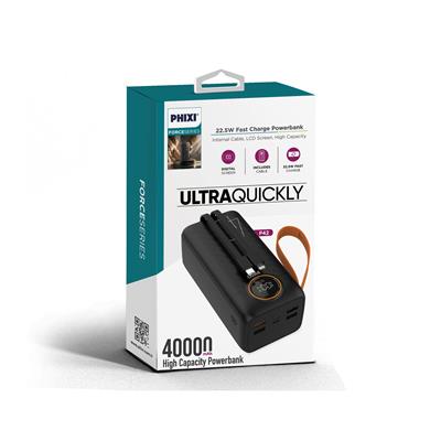 Phixi Force P42 40000mAh 22.5W Hızlı Şarj Cihazı - Dahili Kablolu  - Fast Powerbank  - Dijital Ekran - Taşınabilir Şarj Cihazı