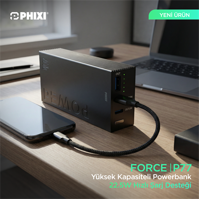 PHIXI Force P77 10000mAh Powerbank – 22.5W Hızlı Şarj, Metal Kasa Taşınabilir Şarj Cihazı