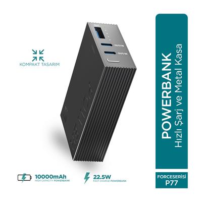 PHIXI Force P77 10000mAh Powerbank – 22.5W Hızlı Şarj, Metal Kasa Taşınabilir Şarj Cihazı