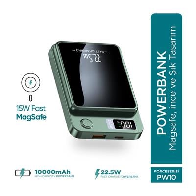 Phixi Force PW10 10000mAh 22.5W MagSafe Powerbank  - Kablosuz Mini Şarj Cihazı - 1 USB 1 PD Port - Dijital Ekran - Taşınabilir Şarj Cihazı