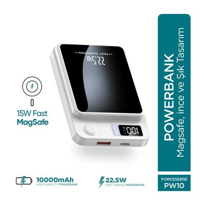Phixi Force PW10 10000mAh 22.5W MagSafe Powerbank  - Kablosuz Mini Şarj Cihazı - 1 USB 1 PD Port - Dijital Ekran - Taşınabilir Şarj Cihazı