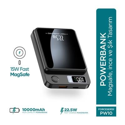 Phixi Force PW10 10000mAh 22.5W MagSafe Powerbank  - Kablosuz Mini Şarj Cihazı - 1 USB 1 PD Port - Dijital Ekran - Taşınabilir Şarj Cihazı