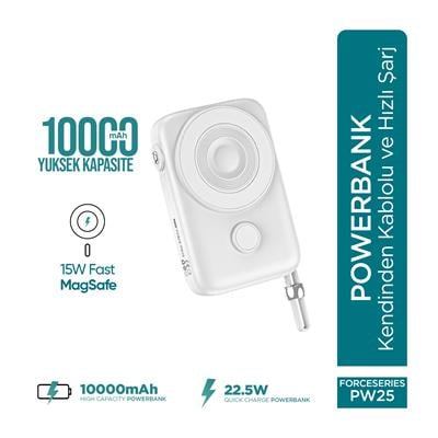 Phixi Force PW25 10000mAh 22.5W Kendinden Kablolu MagSafe Powerbank - Kablosuz Mini Şarj Cihazı - Dijital Ekran - Taşınabilir Şarj Cihazı