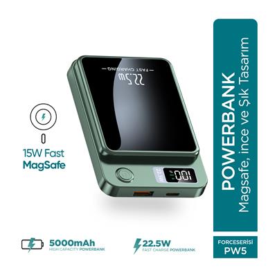 Phixi Force PW5 5000mAh 22.5W MagSafe Powerbank  - Kablosuz Mini Şarj Cihazı - 1 USB 1 PD Port - Dijital Ekran - Taşınabilir Şarj Cihazı