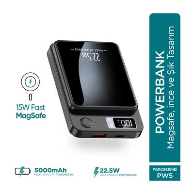 Phixi Force PW5 5000mAh 22.5W MagSafe Powerbank  - Kablosuz Mini Şarj Cihazı - 1 USB 1 PD Port - Dijital Ekran - Taşınabilir Şarj Cihazı