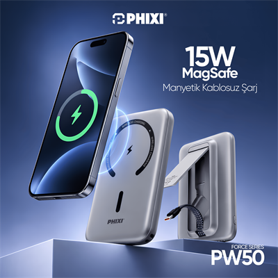 PHIXI Force PW50 5000mAh 22.5W MagSafe Powerbank – Dahili Type-C Kablo, Katlanabilir Stand