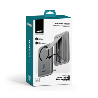 PHIXI Force PW50 5000mAh 22.5W MagSafe Powerbank – Dahili Type-C Kablo, Katlanabilir Stand