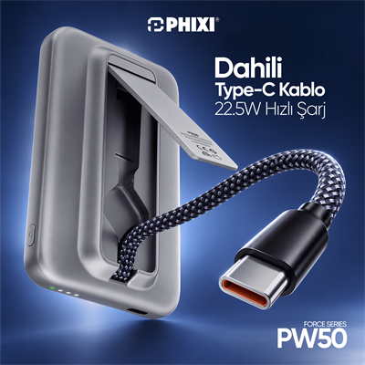 PHIXI Force PW50 5000mAh 22.5W MagSafe Powerbank – Dahili Type-C Kablo, Katlanabilir Stand