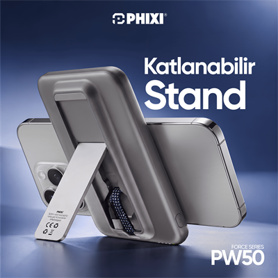 PHIXI Force PW50 5000mAh 22.5W MagSafe Powerbank – Dahili Type-C Kablo, Katlanabilir Stand