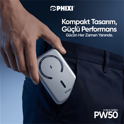 PHIXI Force PW50 5000mAh 22.5W MagSafe Powerbank – Dahili Type-C Kablo, Katlanabilir Stand